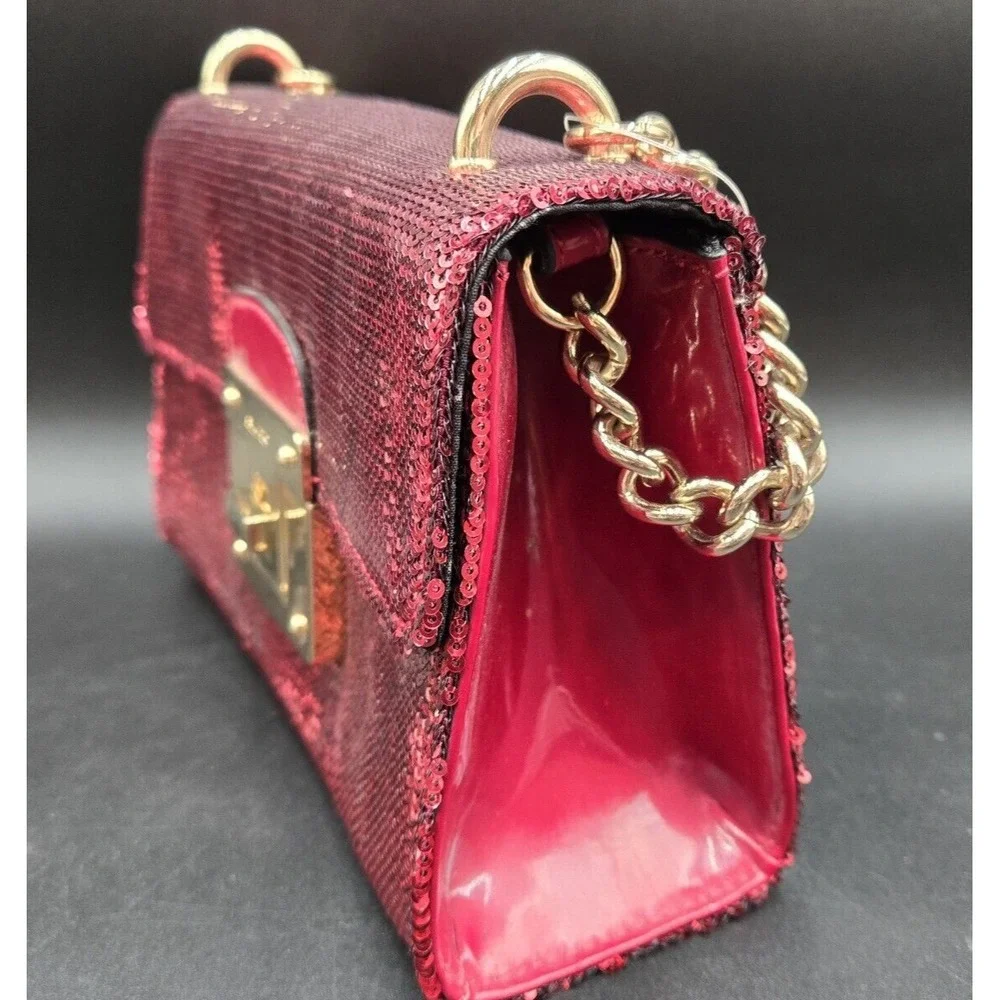 Aldo Red Sequent Handbag W/ Yellow Metal Chain Adjustable‎ Evening Event Purse